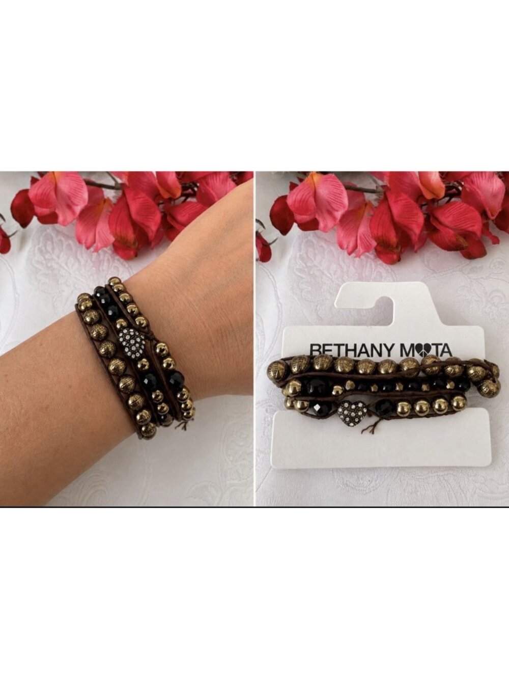 Bethany Mota Stackable Bangle Black Gold-Tone Bead Charm Bracelet Set of 3 NEW